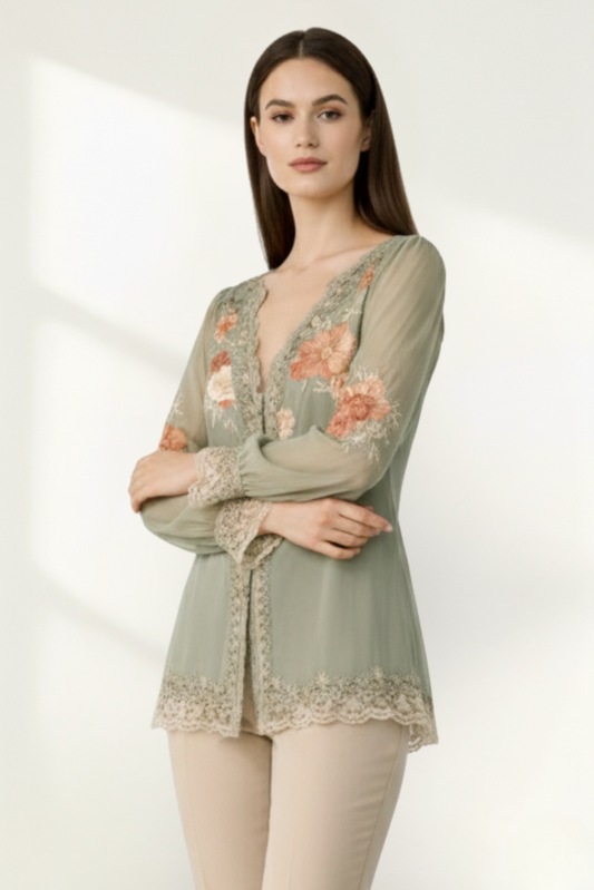 Women’s Chiffon Lace Floral Long-Sleeve Blouse