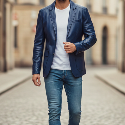 Leather Blazer Jacket Single Breasted Men