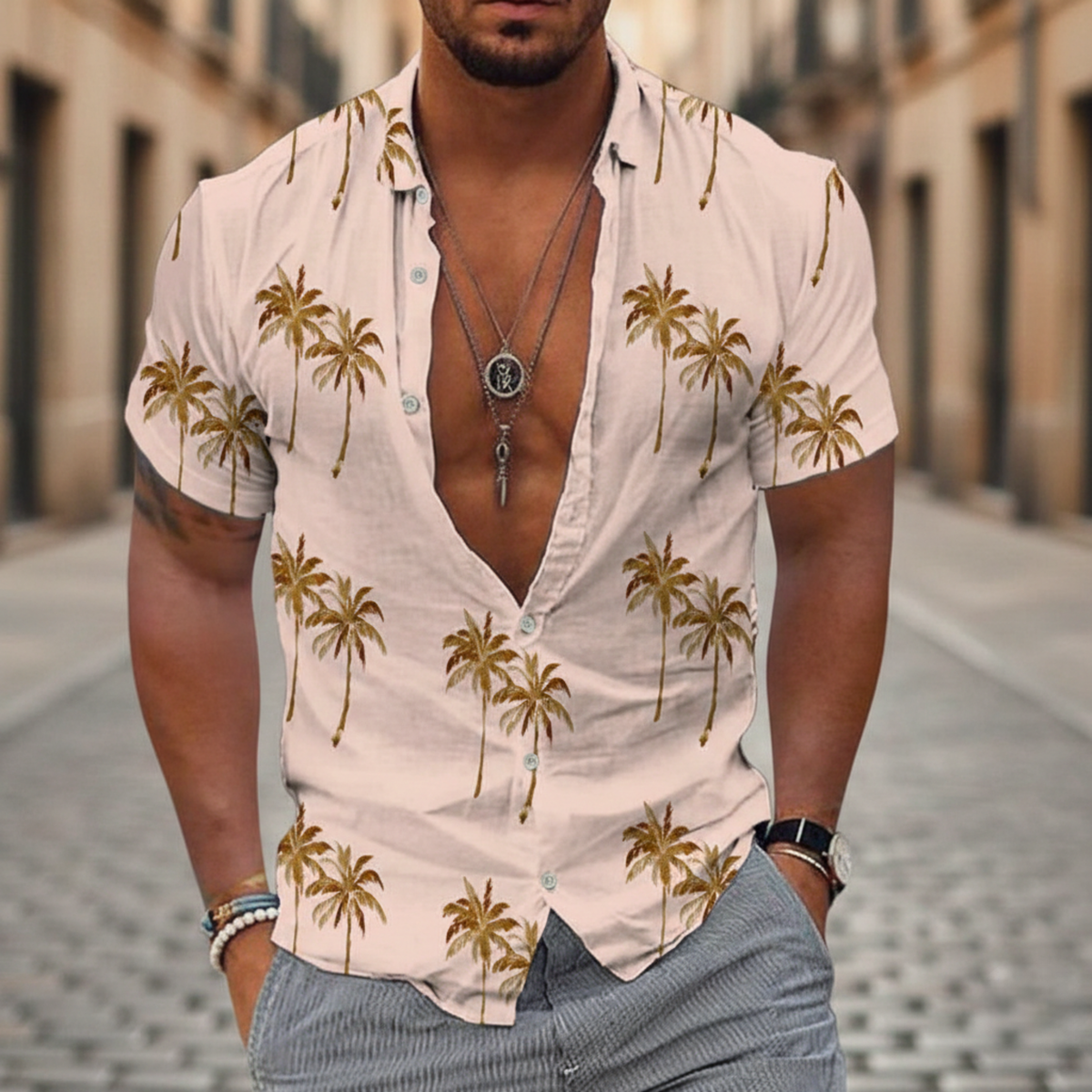 Camisa de Manga Corta con Estampado de Palmas para Hombre