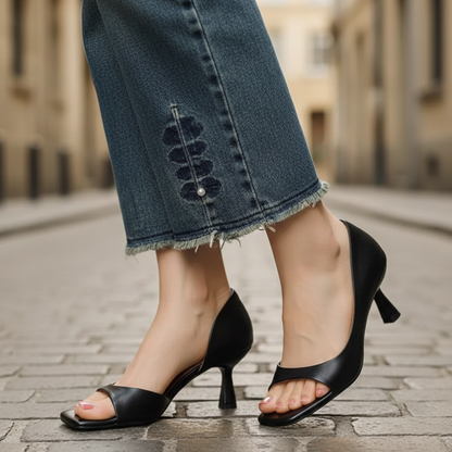 Leather Heels Square Toe Mid Heel Womens