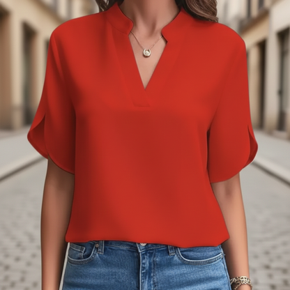 Silk Blouse V Neck Short Sleeve Women