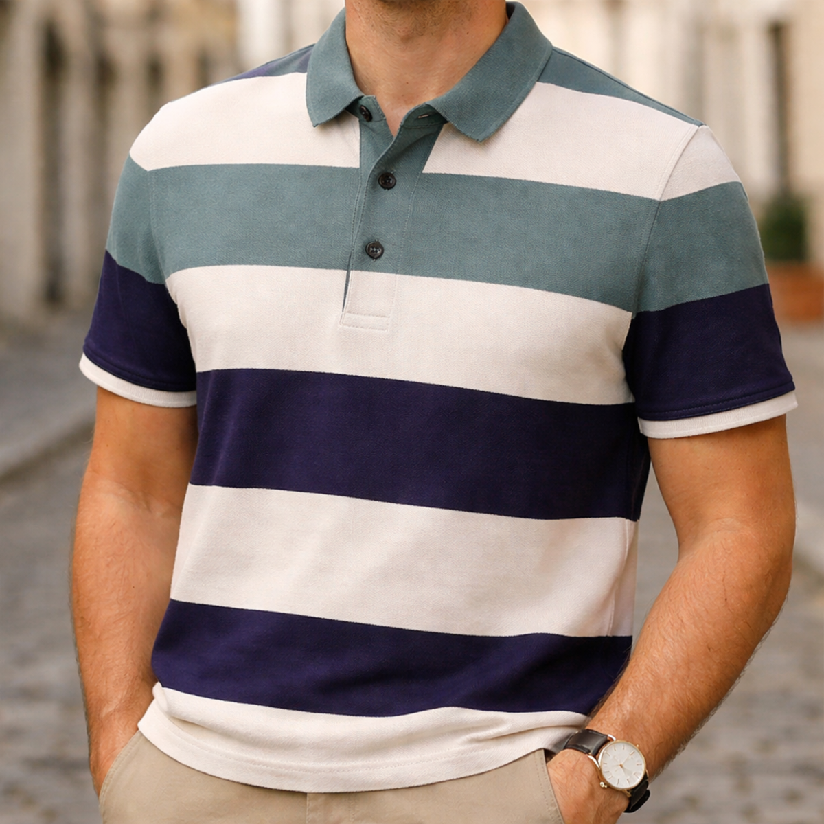 Polo Shirt Short Sleeve Striped Casual Men