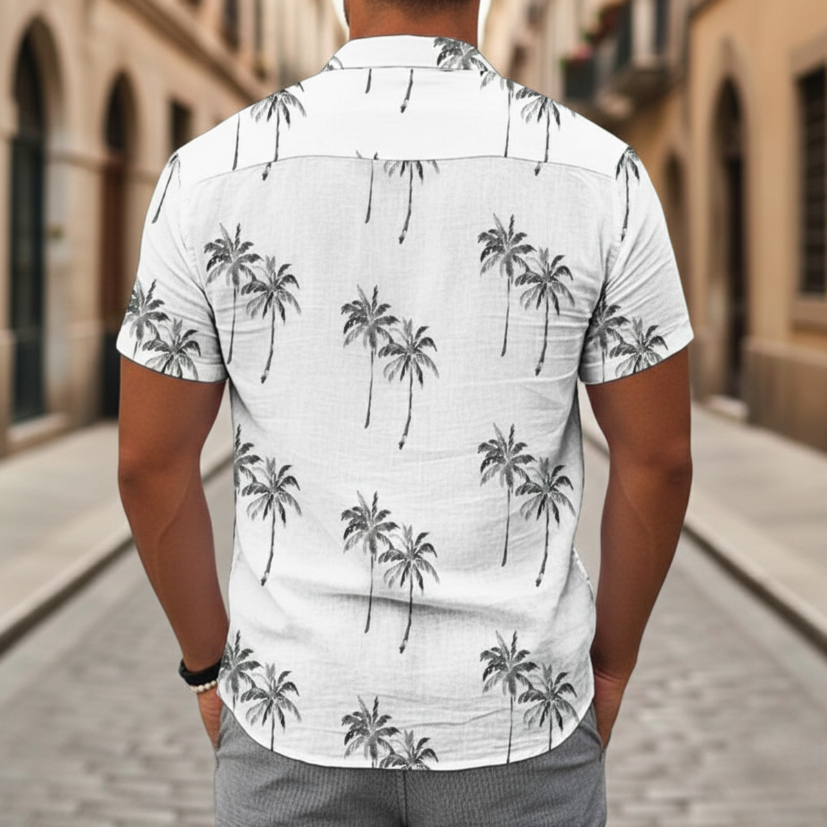 Camisa de Manga Corta con Estampado de Palmas para Hombre