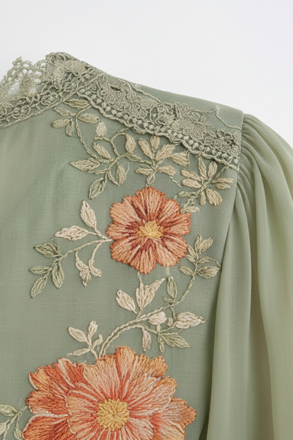 Blusa de Encaje de Gasa Floral de Manga Larga para Mujeres