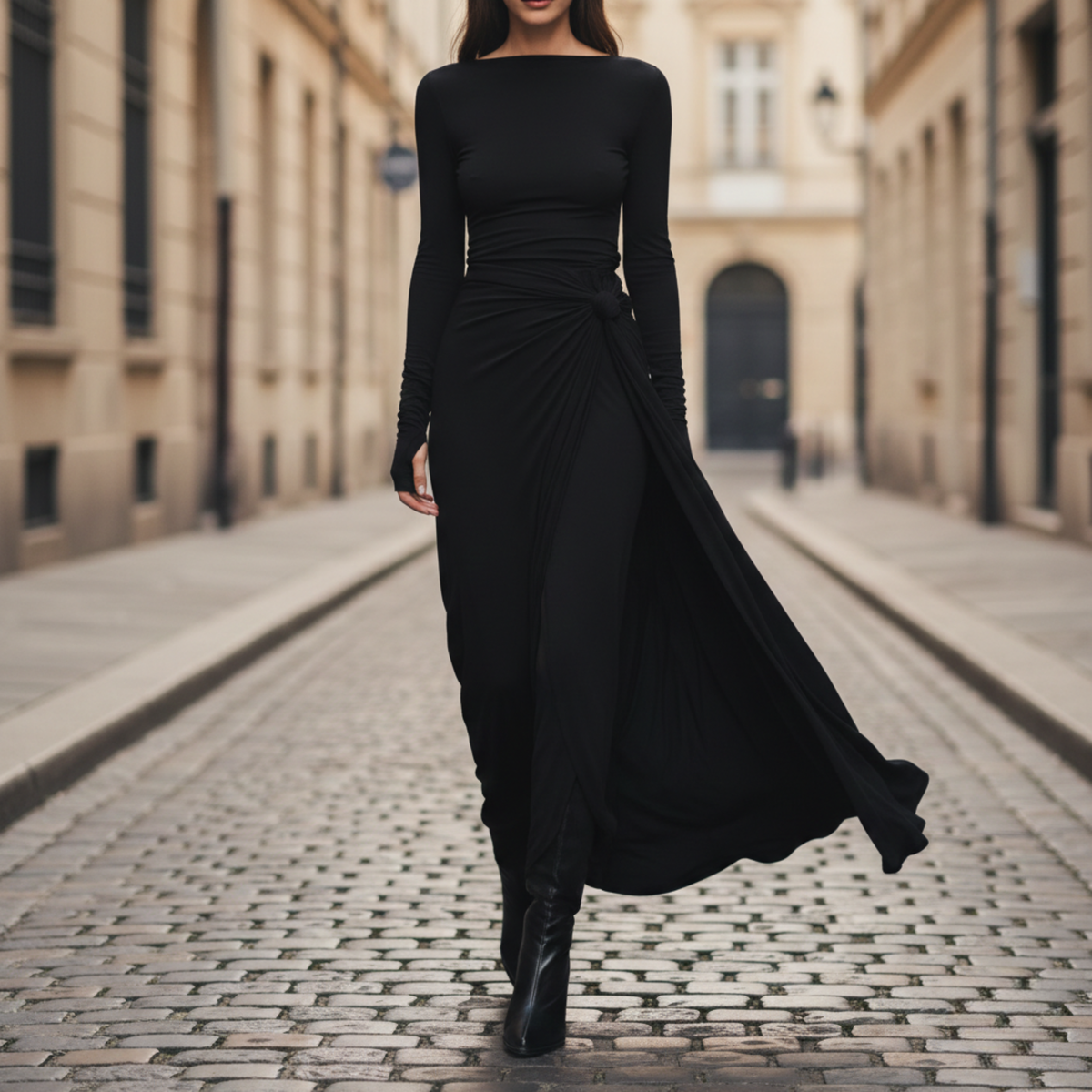 Midi Dress Side Knot Long Sleeve Full Length Women