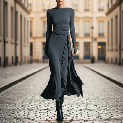 Midi Dress Side Knot Long Sleeve Full Length Women