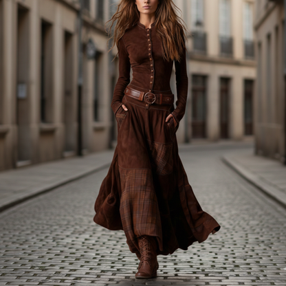 Maxi Dress Suede Plaid Long Sleeve Women