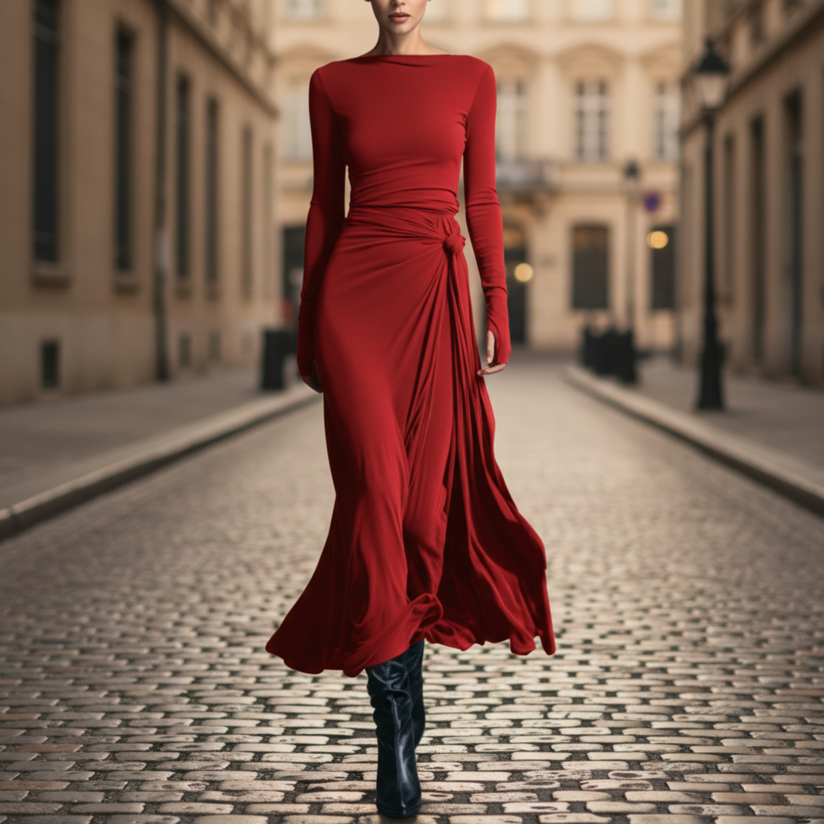 Midi Dress Side Knot Long Sleeve Full Length Women