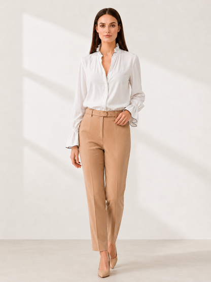 Blouse blanche pour femme à manches longues avec fermeture éclair devant