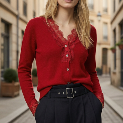 Cardigan Lace Trim V Neck Long Sleeve Women