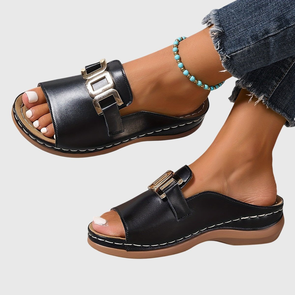 Aerine | Women's Comfy Buckle Gold Chain Sandals Angle