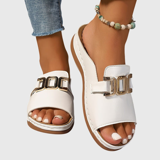 Aerine | Women's Comfy Buckle Gold Chain Sandals Front