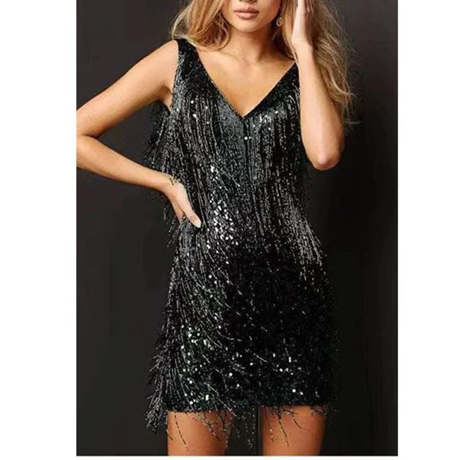 Amelianna | Women's Sequined Fringe Cocktail Dress Angle