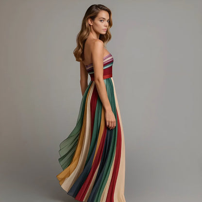 Ariella | Women's Strapless Colorful Pleated Maxi Dress Detail
