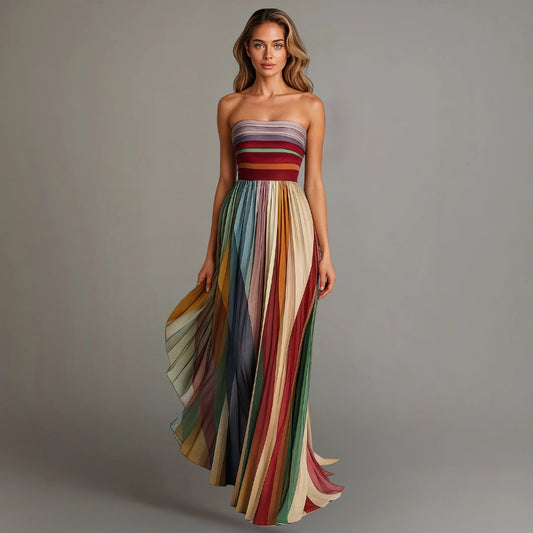 Ariella | Women's Strapless Colorful Pleated Maxi Dress Hero