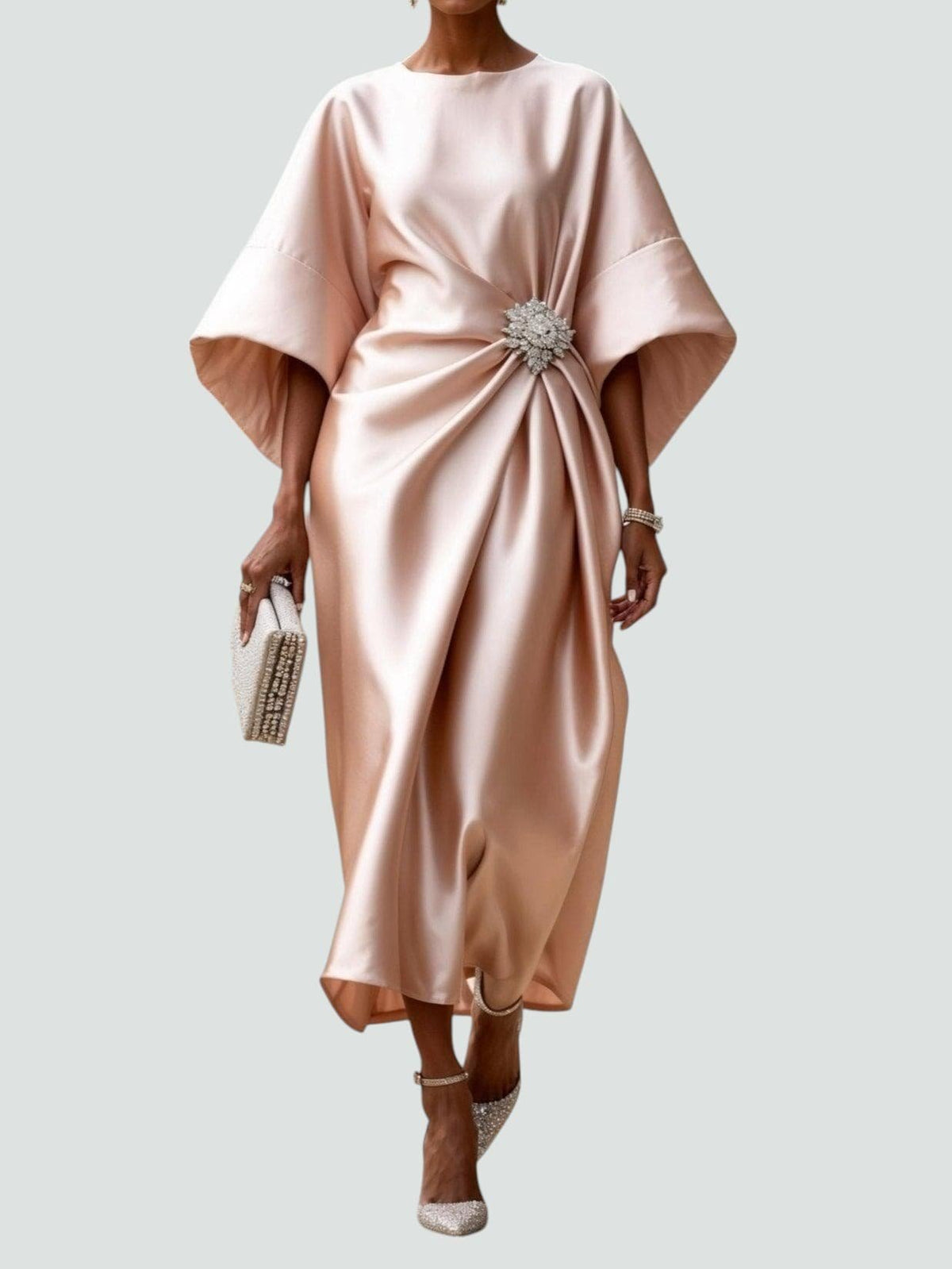 Aveline | Women's Elegant Crystal Brooch Maxi Dress Back