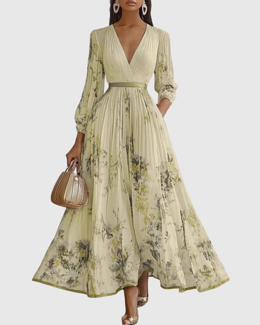 Aveline | Women's Elegant Pleated Maxi Dress Floral Angle