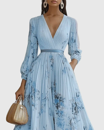 Aveline | Women's Elegant Pleated Maxi Dress Floral Back