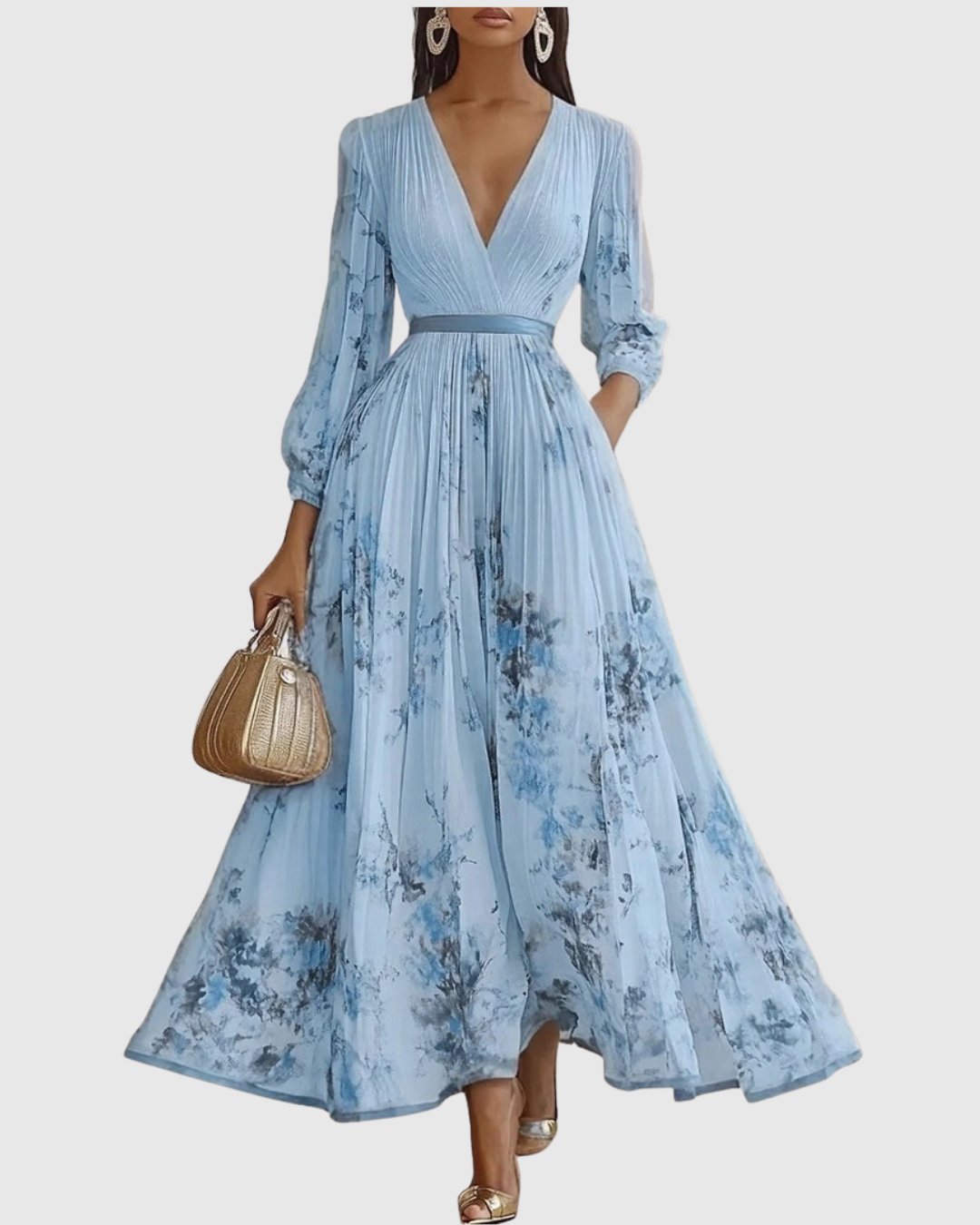 Aveline | Women's Elegant Pleated Maxi Dress Floral Close Up