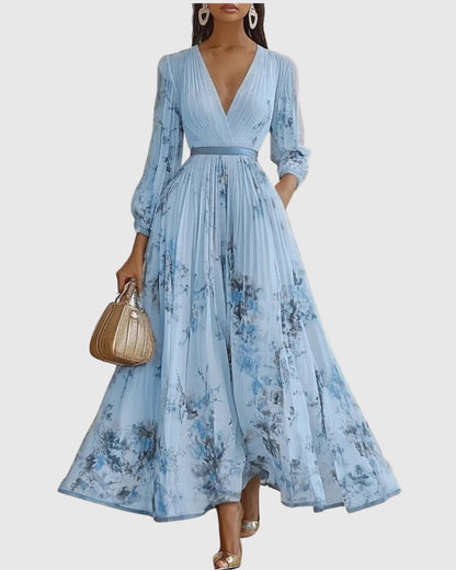 Aveline | Women's Elegant Pleated Maxi Dress Floral Close Up