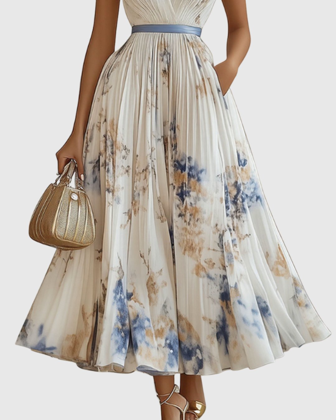 Aveline | Women's Elegant Pleated Maxi Dress Floral Detail