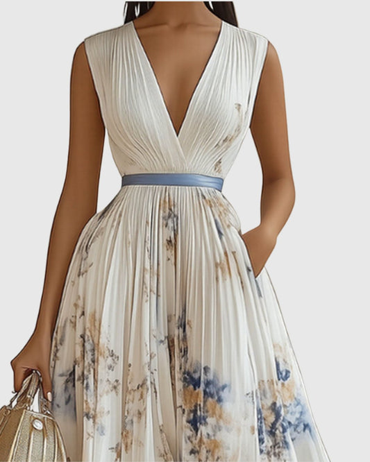 Aveline | Women's Elegant Pleated Maxi Dress Floral Front