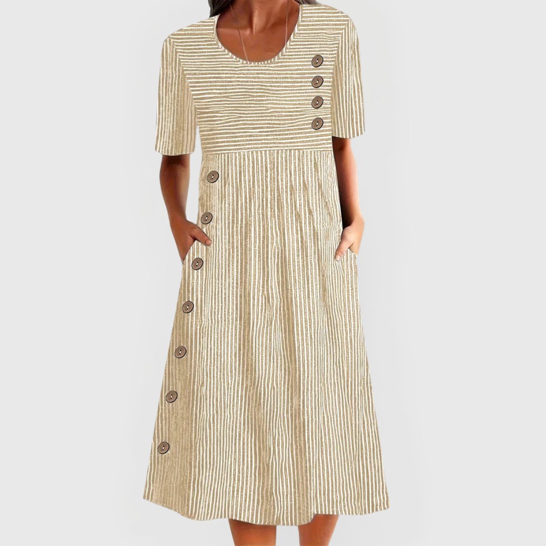 Aveline | Women's Striped Midi Dress Button-Front Detail
