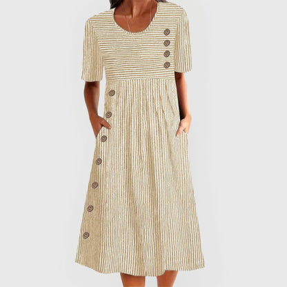 Aveline | Women's Striped Midi Dress Button-Front Detail