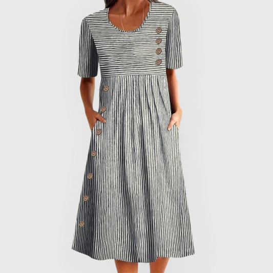 Aveline | Women's Striped Midi Dress Button-Front Front