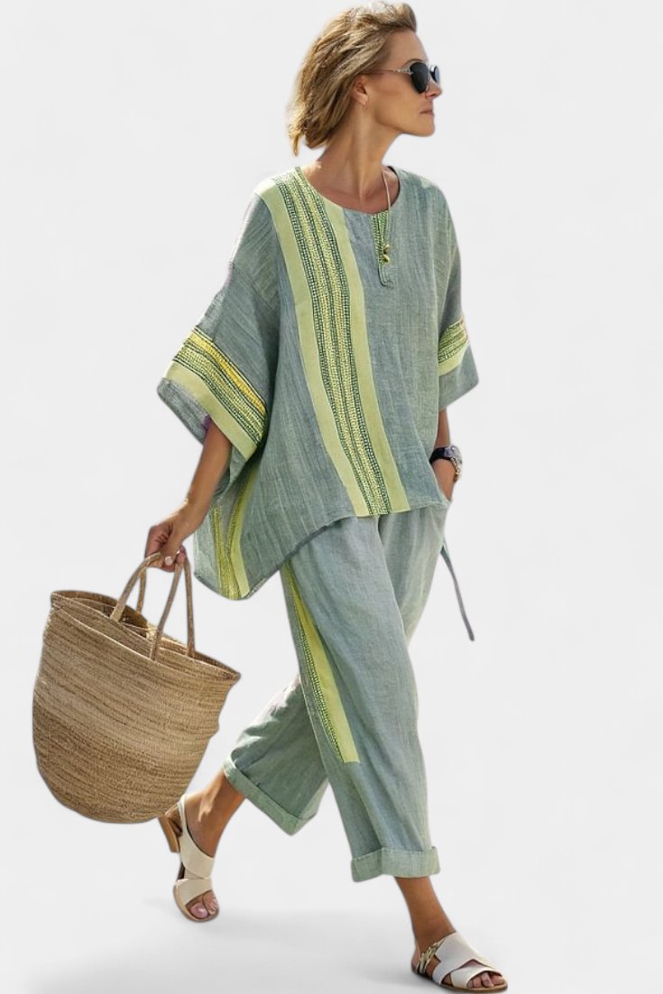 Avrille | Women's Striped Linen Two-Piece Set Boho Back