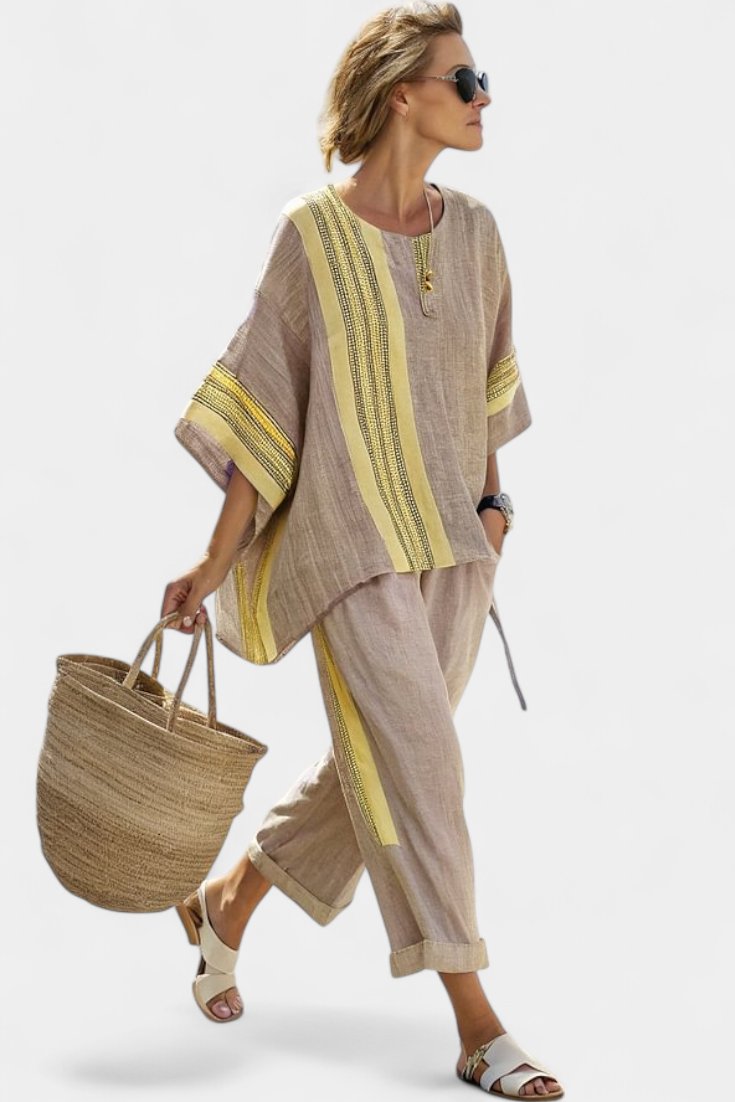 Avrille | Women's Striped Linen Two-Piece Set Boho Close Up