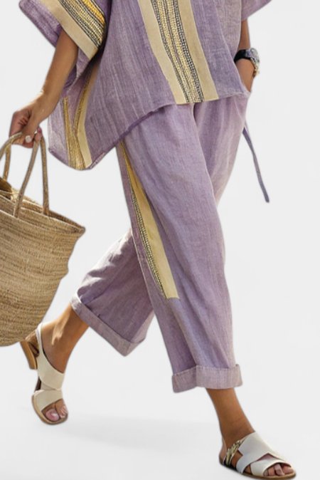 Avrille | Women's Striped Linen Two-Piece Set Boho Detail
