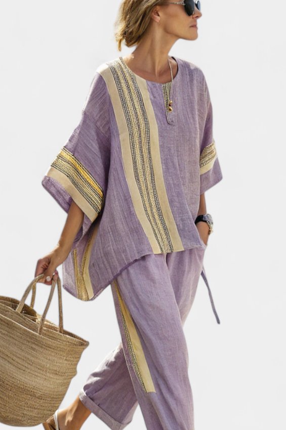 Avrille | Women's Striped Linen Two-Piece Set Boho Front