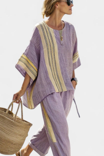 Avrille | Women's Striped Linen Two-Piece Set Boho Front