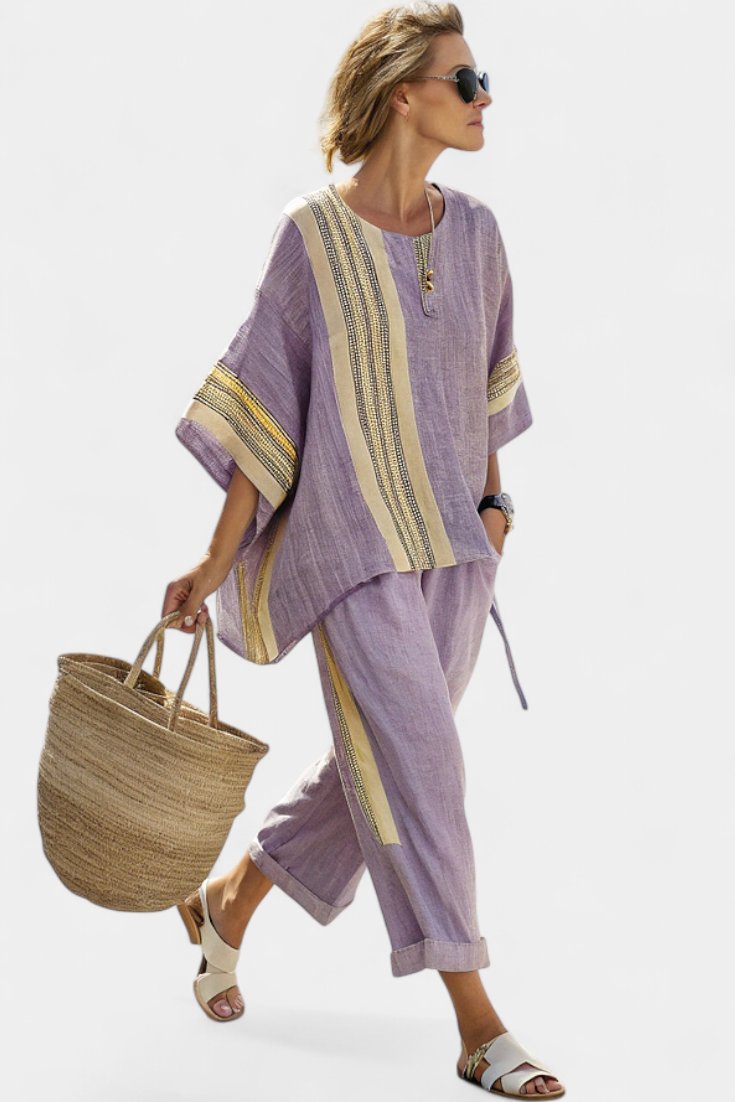 Avrille | Women's Striped Linen Two-Piece Set Boho Side