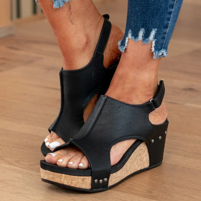 Bellatrix | Women's Suede Platform Wedge Sandals Close Up