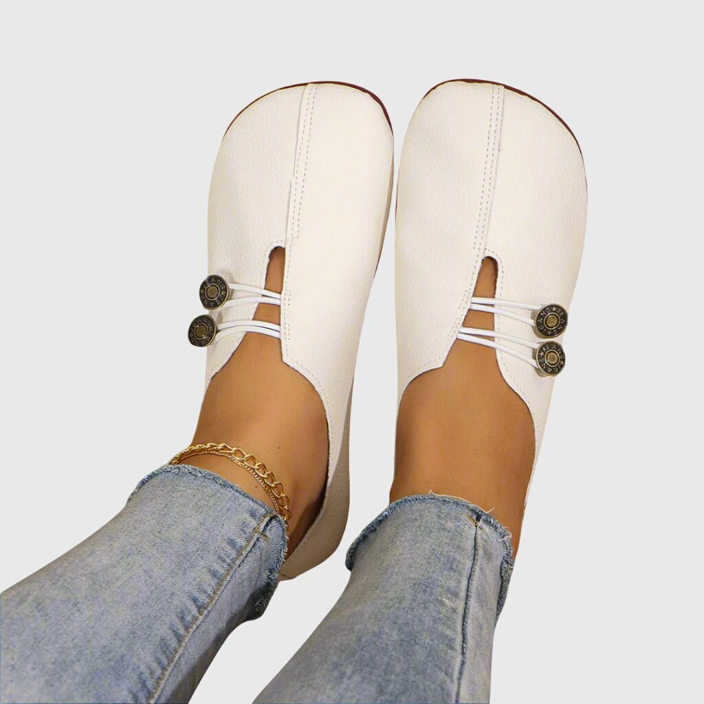 Brielle | Women's Daily Comfort Slip-Ons Bronze Button Detail Close Up