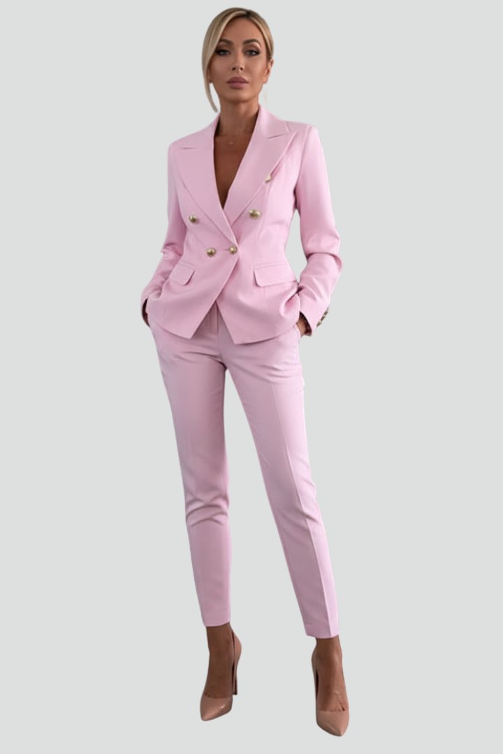 Célène | Women's Tailored Blazer Trouser Set Gold Lion Buttons Angle