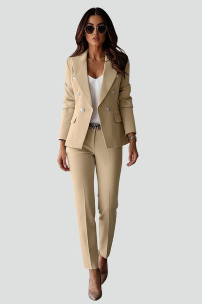 Célène | Women's Tailored Blazer Trouser Set Gold Lion Buttons Close Up