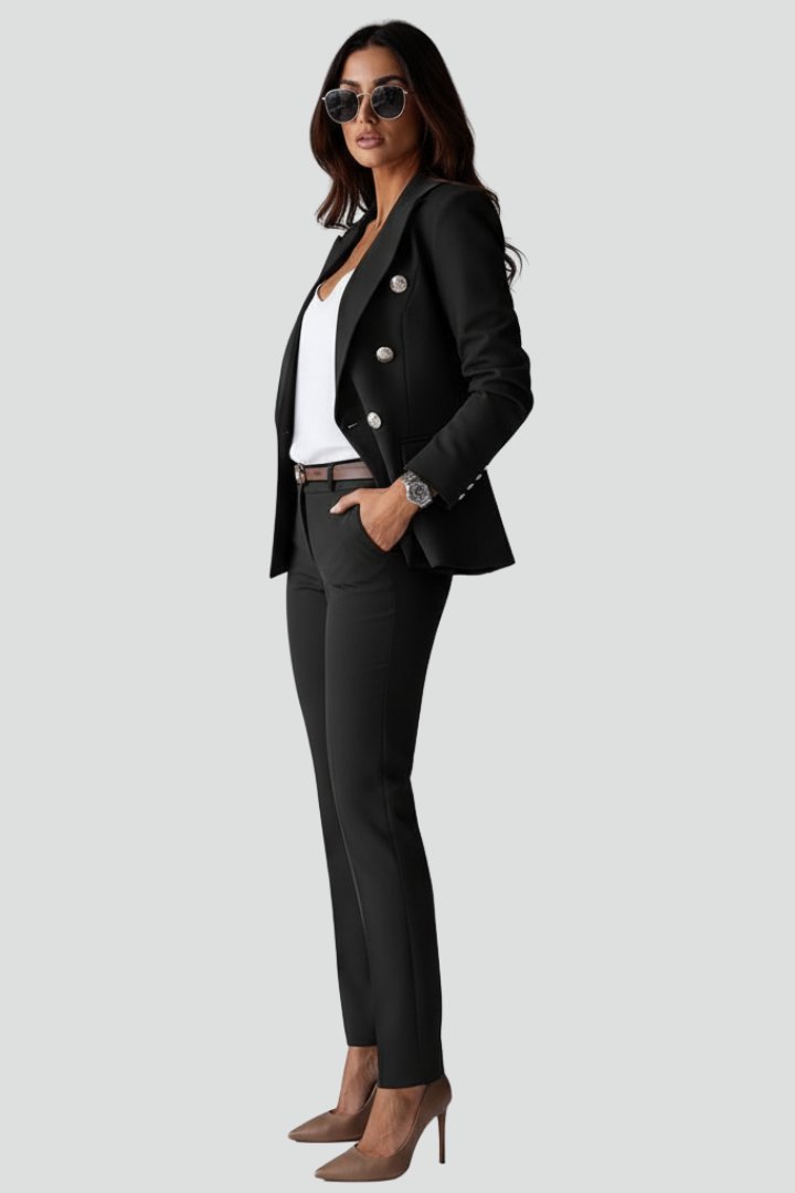 Célène | Women's Tailored Blazer Trouser Set Gold Lion Buttons Detail