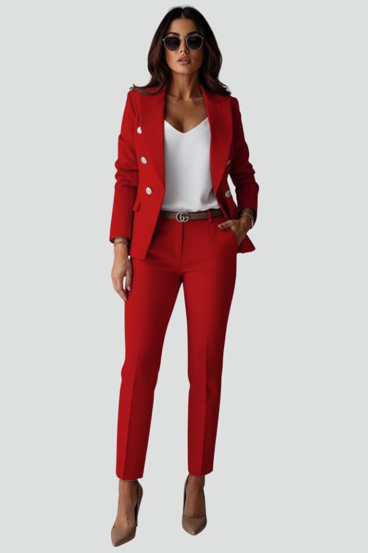 Célène | Women's Tailored Blazer Trouser Set Gold Lion Buttons Lifestyle