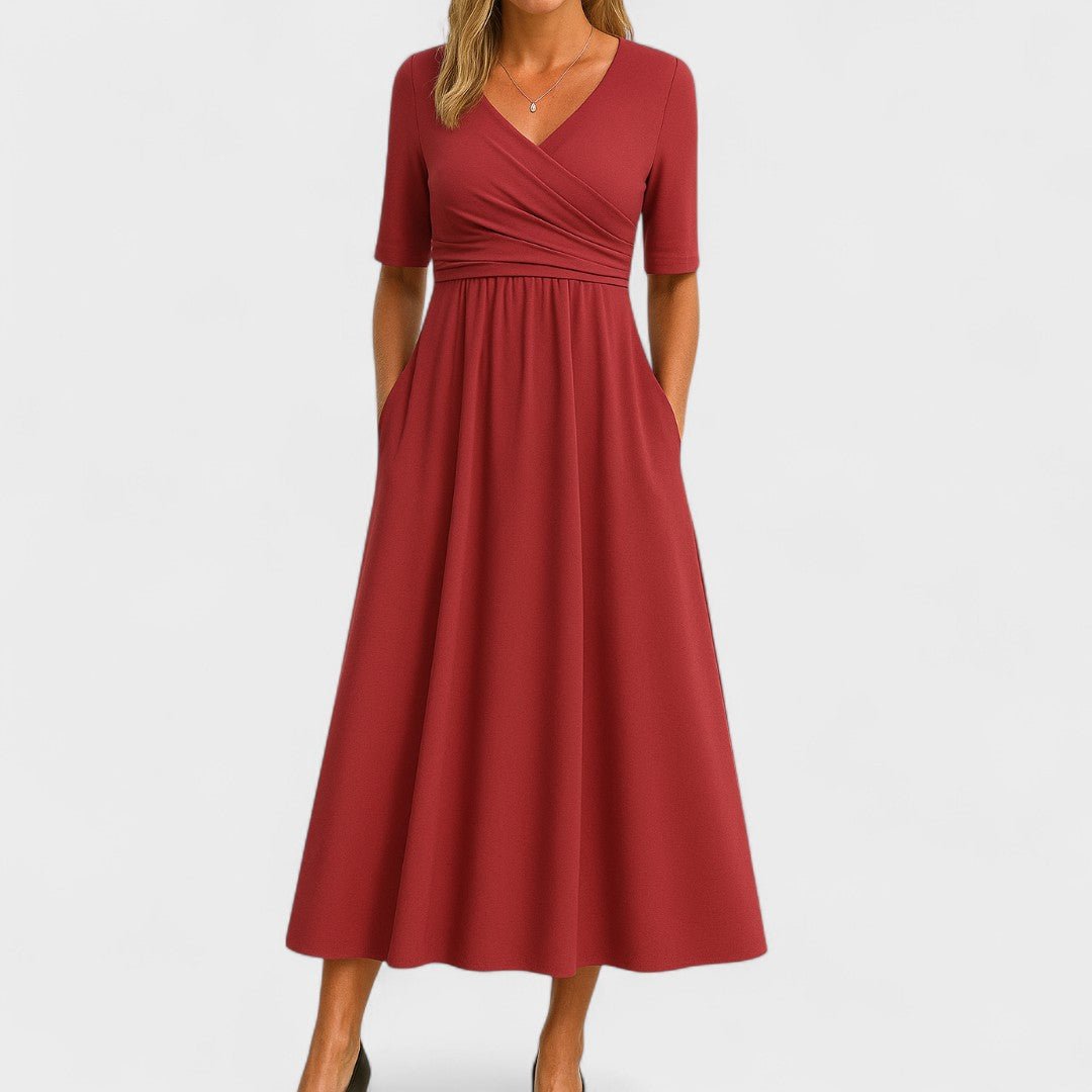 Céleste | Women's Elegant Wrap Bodice Midi Dress Close Up