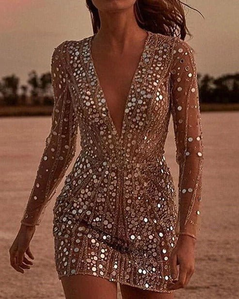 Celestara | Women's Sequin V-Neck Sheer Sleeve Dress Detail