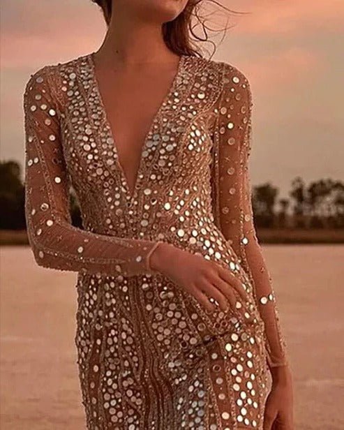 Celestara | Women's Sequin V-Neck Sheer Sleeve Dress Front