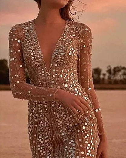 Celestara | Women's Sequin V-Neck Sheer Sleeve Dress Front