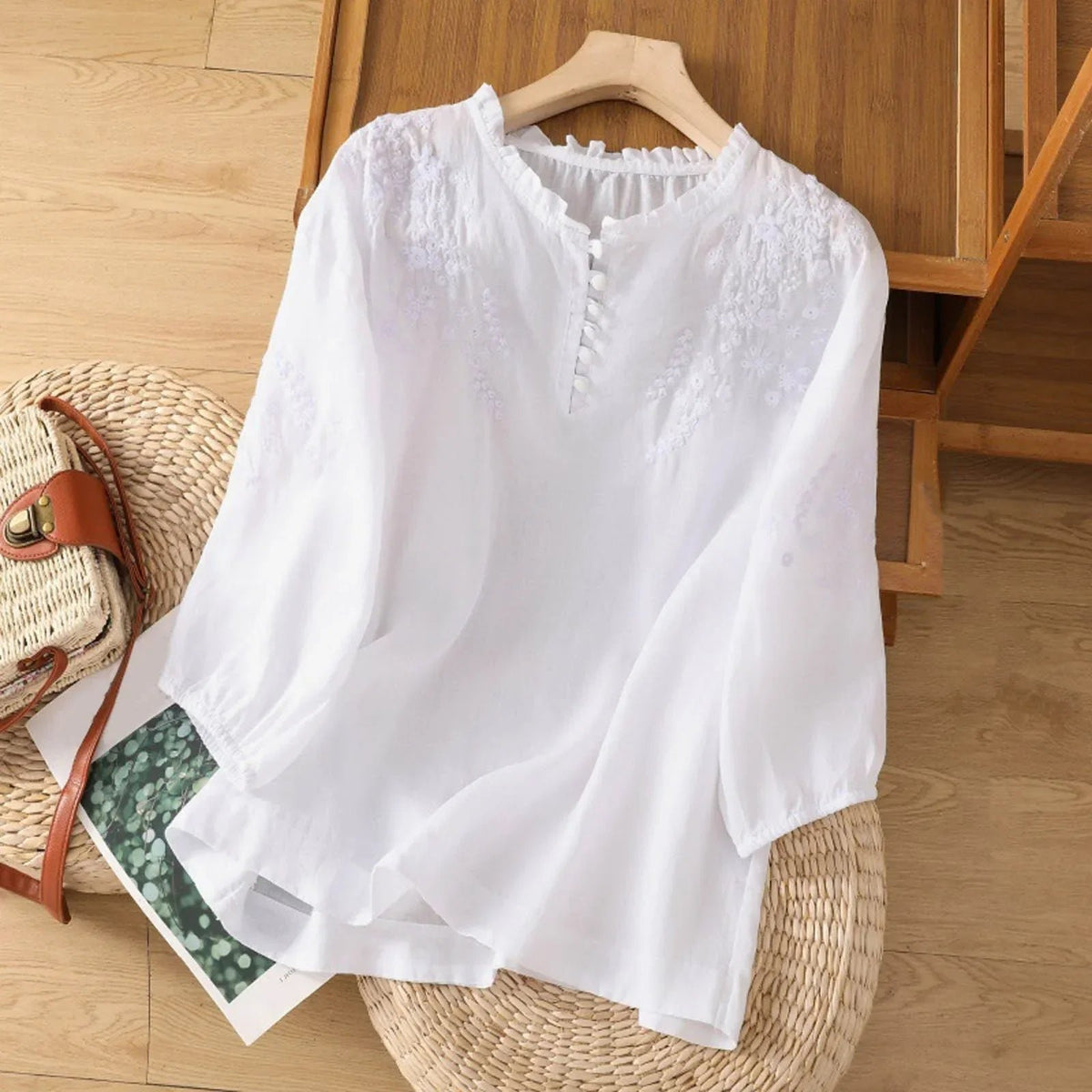 Celeste | Women's Embroidered Floral Button-Front Blouse Detail