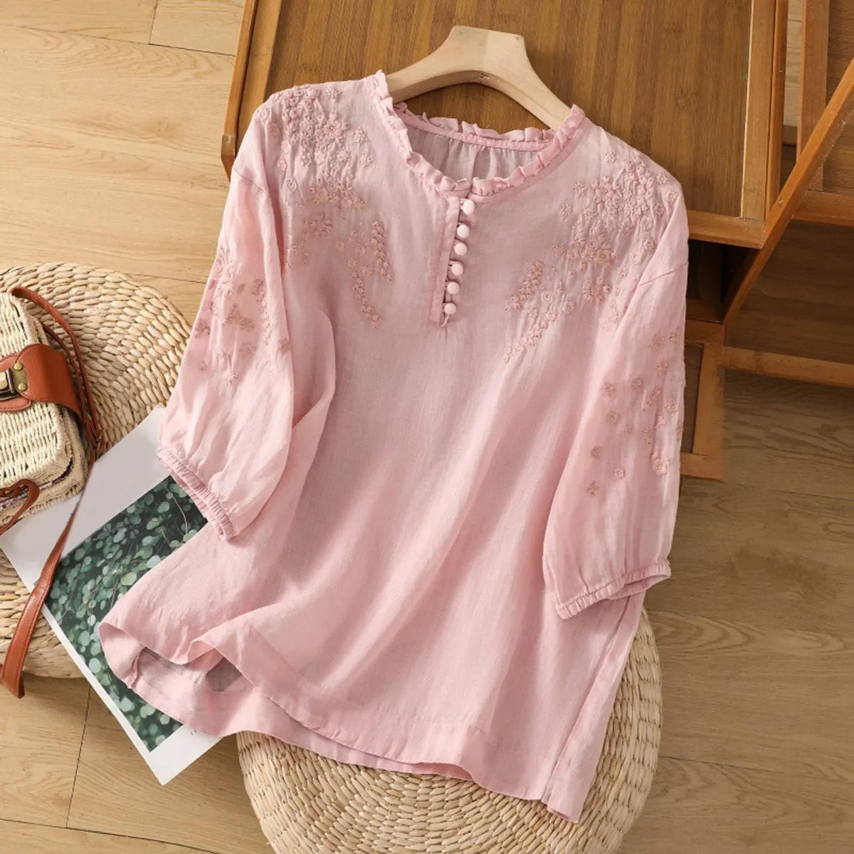 Celeste | Women's Embroidered Floral Button-Front Blouse Front