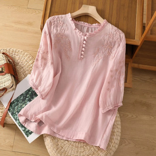 Celeste | Women's Embroidered Floral Button-Front Blouse Front