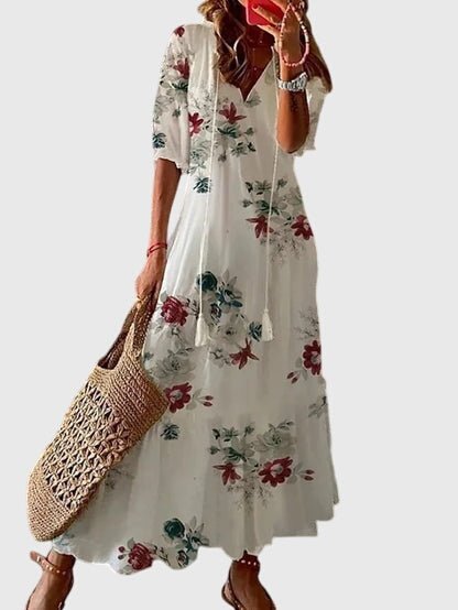 Celestine | Women's Boho Vintage Dress Ikat Print Close Up