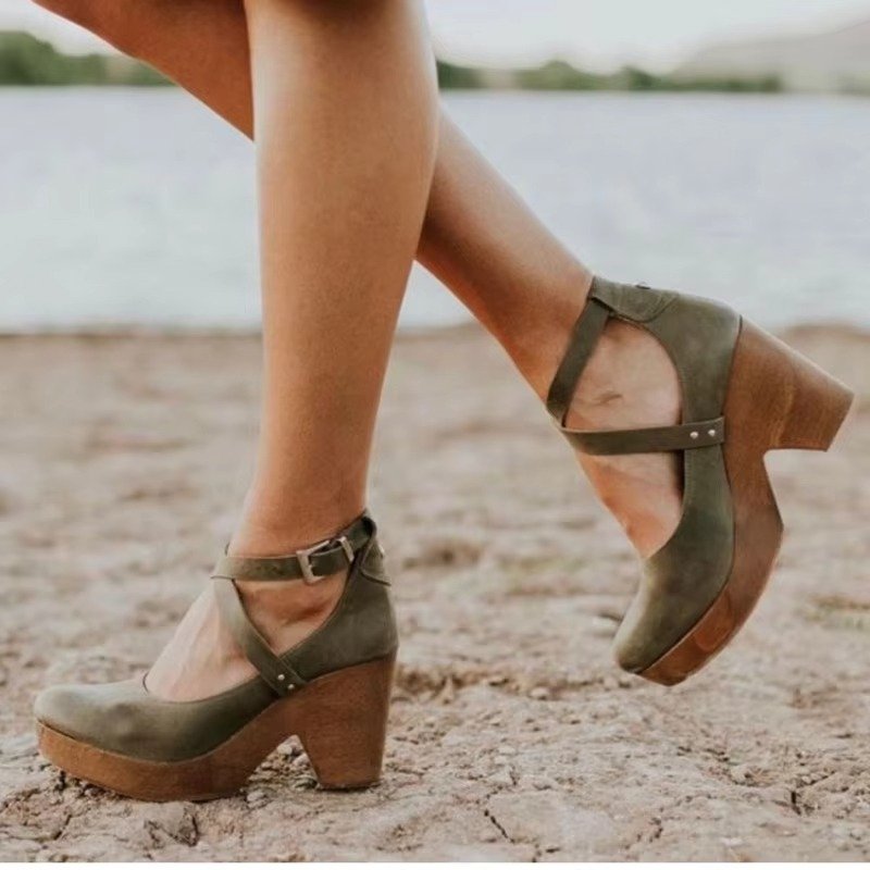 Celestine | Women's Chunky Platform Mary Jane Wooden Block Heels Detail